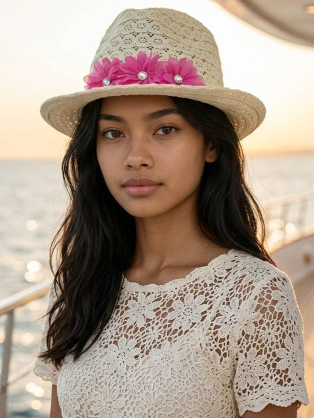 🩵Justice Cream & Hot Pink Flowers Fedora Hat One Size